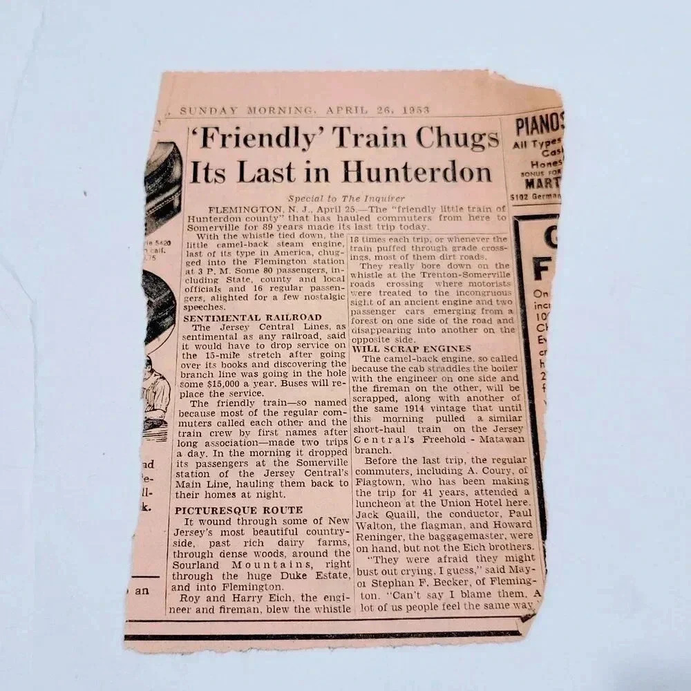 April 26, 1953 Philadelphia Inquirer Newspaper Article Hunterdon County Train